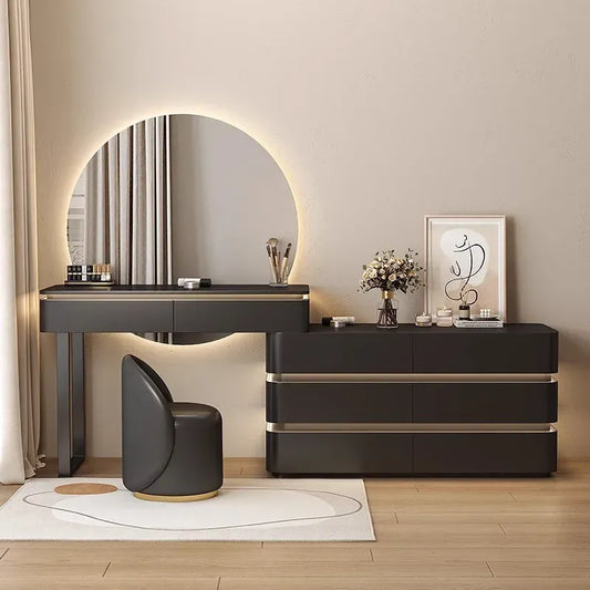 Modern Dressing Table with Round LED Mirror, Drawers & Stool.