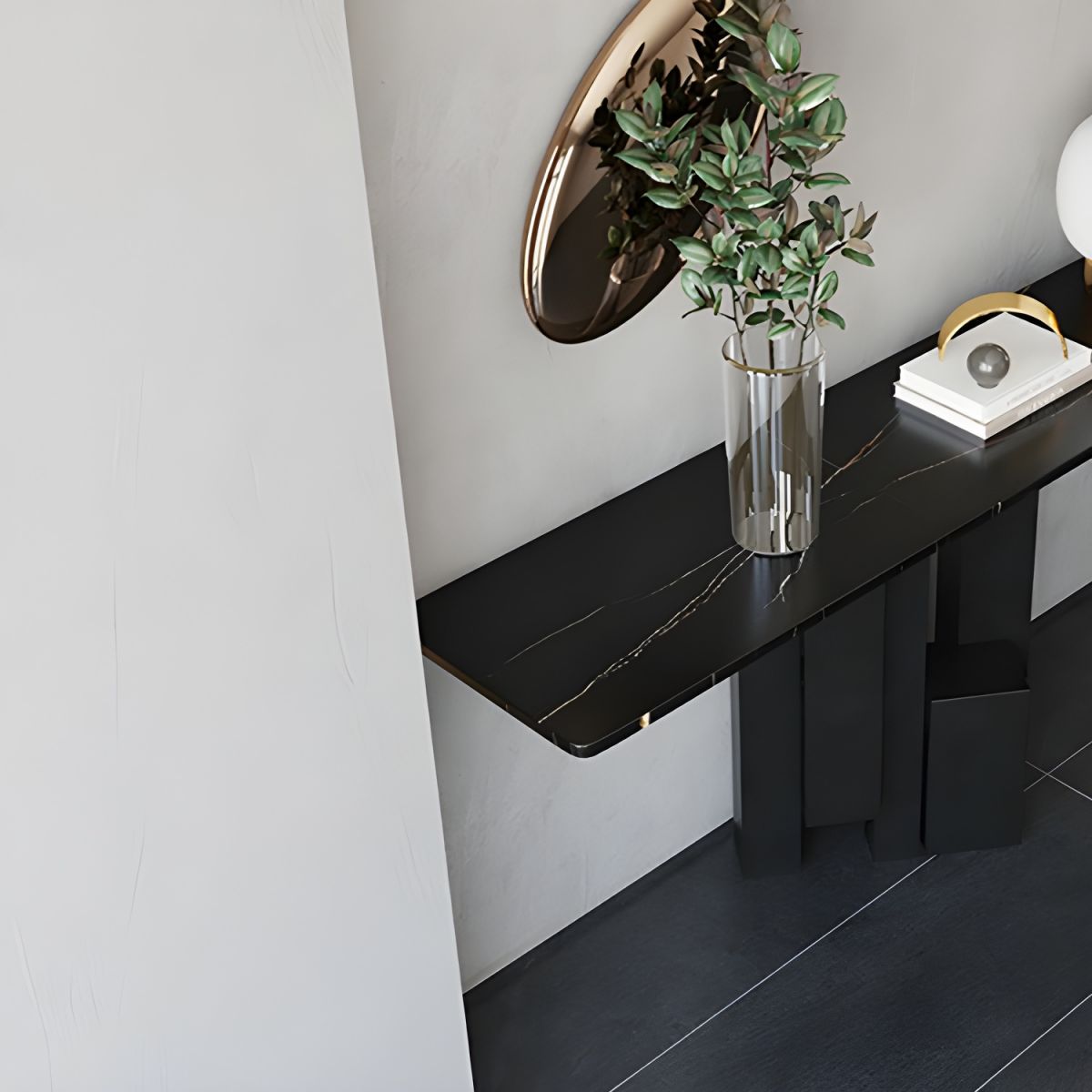 Black Stone Top Rectangular Console Table with Abstract Metal Base.