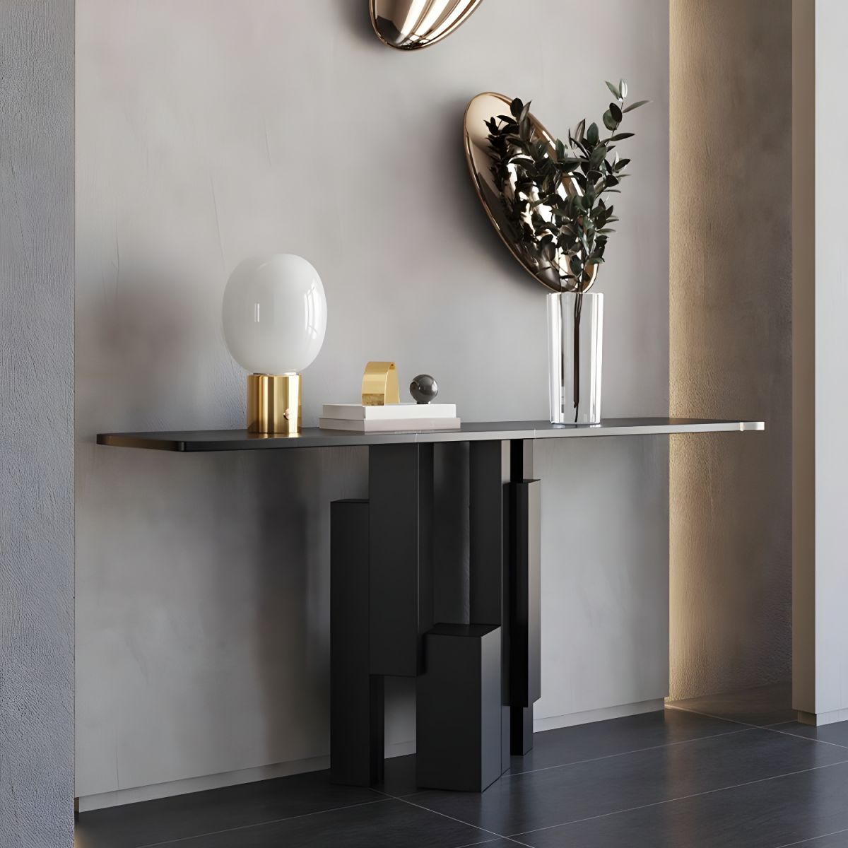Black Stone Top Rectangular Console Table with Abstract Metal Base.