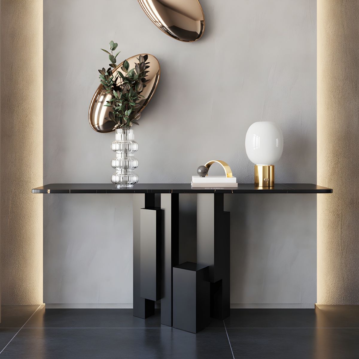 Black Stone Top Rectangular Console Table with Abstract Metal Base.