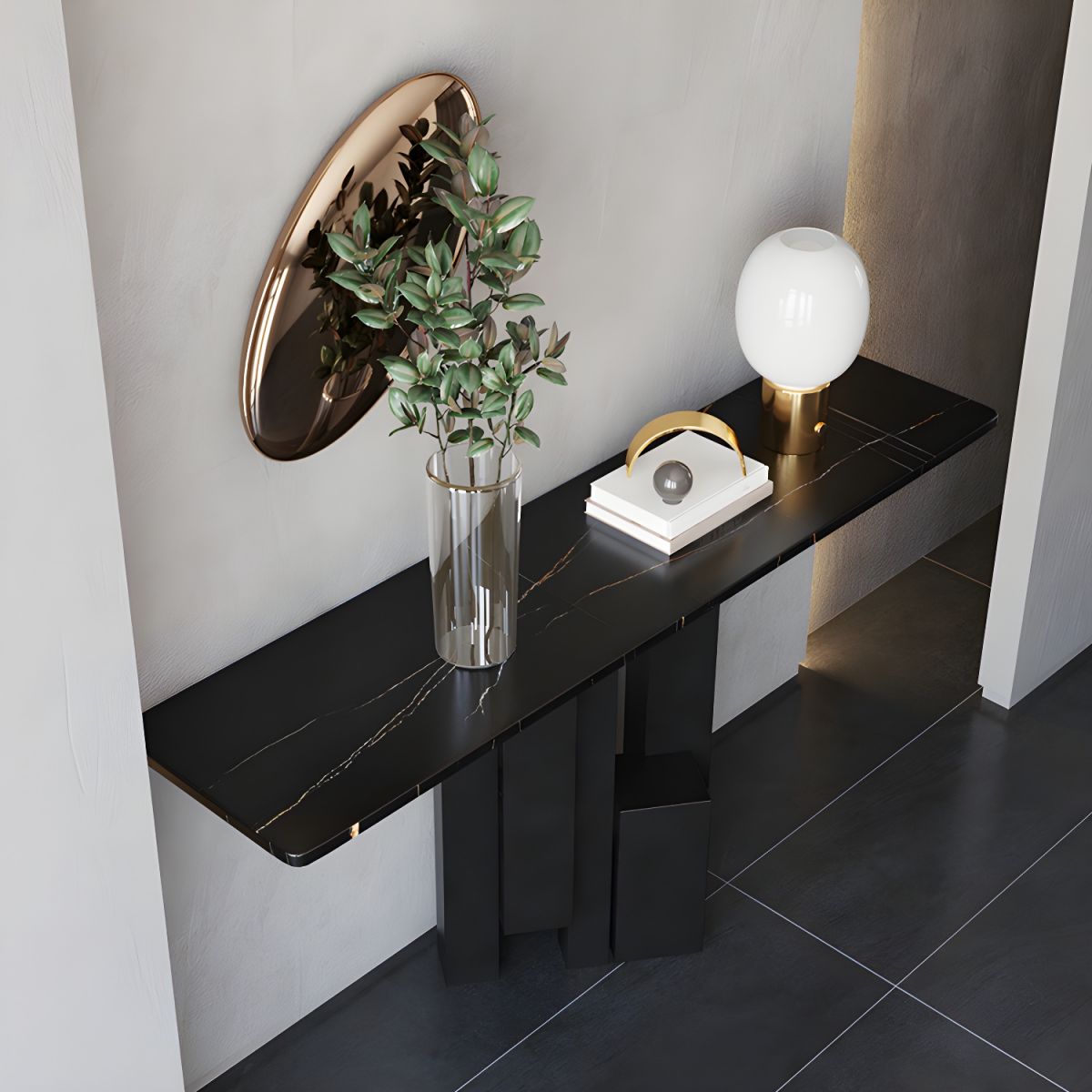 Black Stone Top Rectangular Console Table with Abstract Metal Base.
