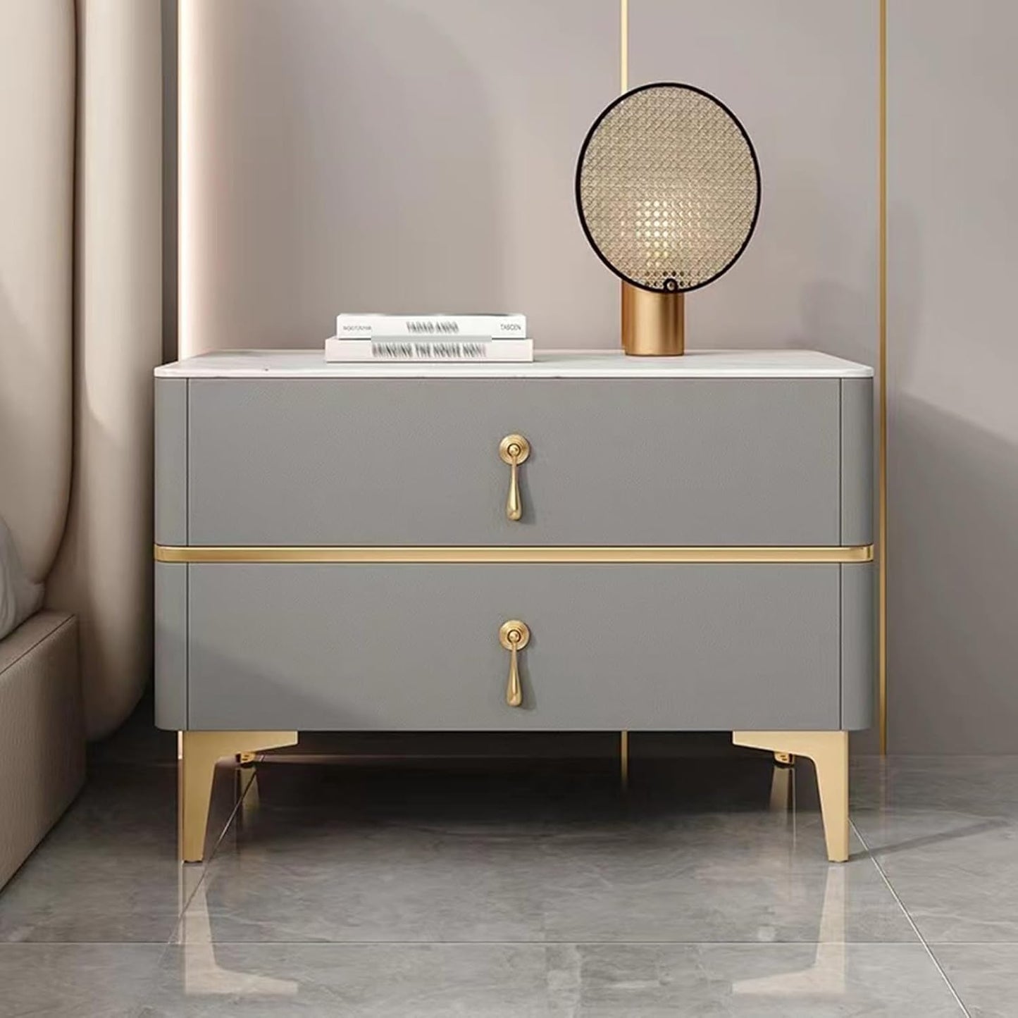 Bedside Table, Solid Wood with Iron Metal Legs White Nightstand Table.