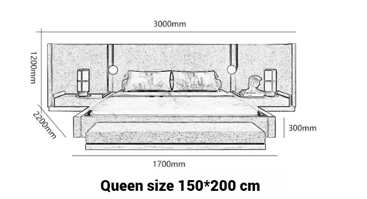 Luxury Upholstered Platform Bed Set with Extended Headboard, Built-in Bedside Tables and Matching Bench