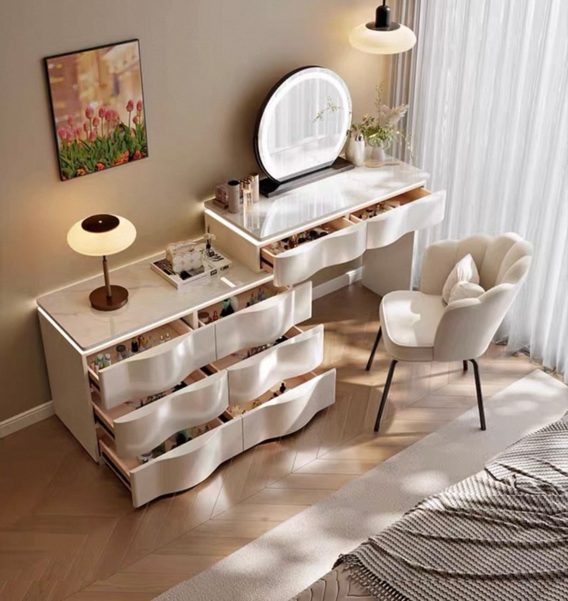 Lighted Design White Dressing Table with Chair and Mirror.