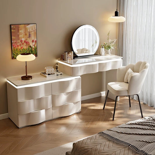 Lighted Design White Dressing Table with Chair and Mirror.