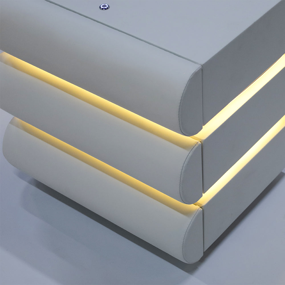 Bedside Table Nightstand with Three Drawers Built in LED Light Storage Cabinet for Bedroom