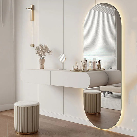 Wall-Mounted Dressing Table, Oval Full Length Lighted Mirror, 2 Storage Drawers.