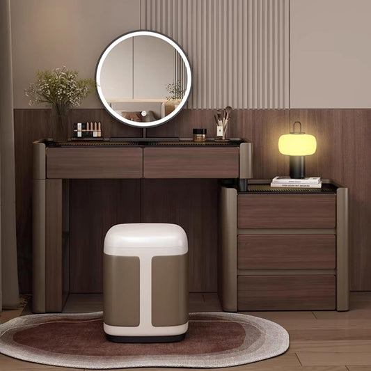 Vanity Set in Lighted Interior and Tinted Glass Top, Brown Dressing Table.