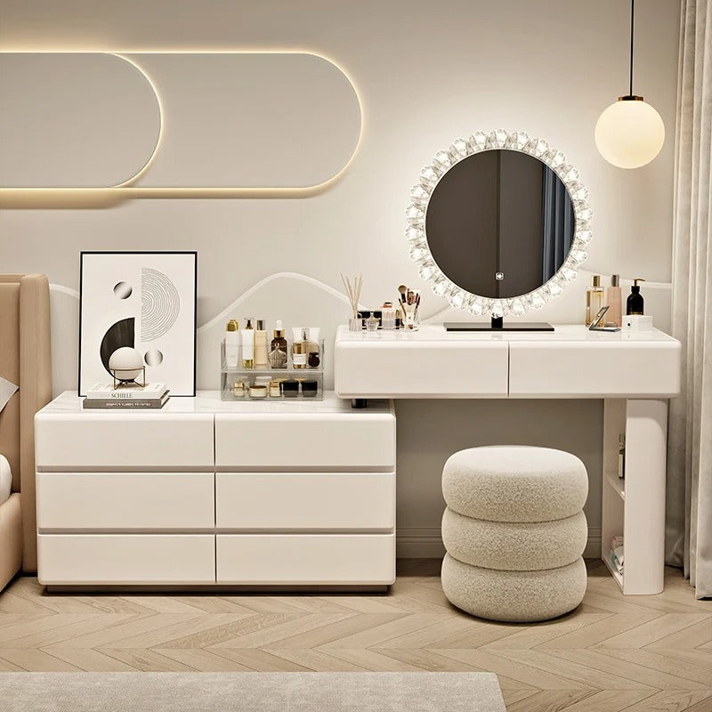 Sleek White Dressing Table Set with Stool and Mirror.