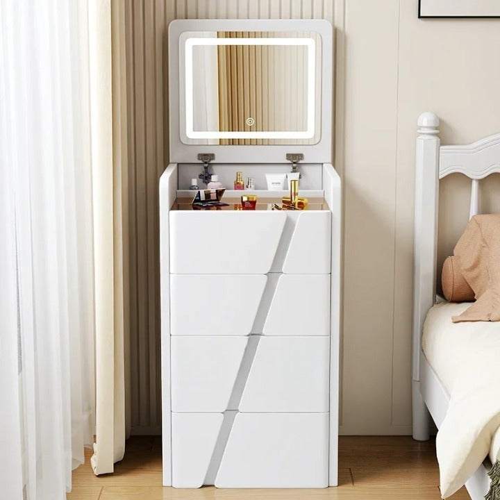 Minimalist Dressing Table with Lighted Mirror, Flip Top Compact Vanity Table.