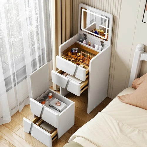 Minimalist Dressing Table with Lighted Mirror, Flip Top Compact Vanity Table.