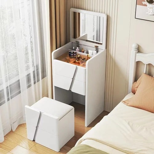 Minimalist Dressing Table with Lighted Mirror, Flip Top Compact Vanity Table.