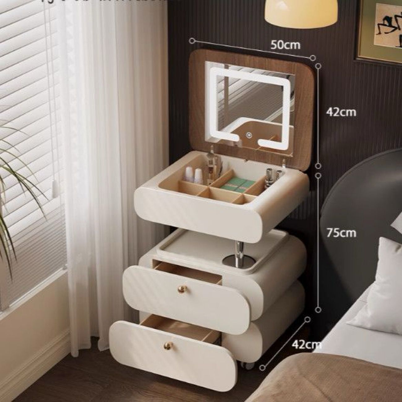 Minimalist Makeup Table with Flip Lighted Mirror.