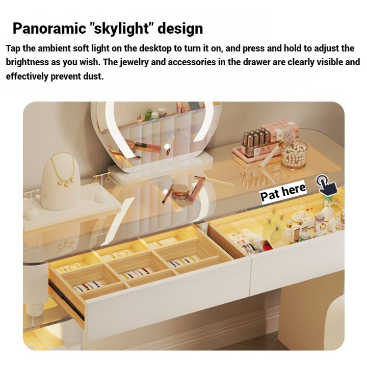 Modern White Dressing Table with LED Mirror and Stool.