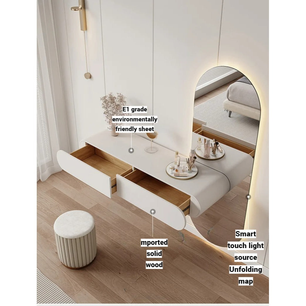 Wall-Mounted Dressing Table, Oval Full Length Lighted Mirror, 2 Storage Drawers.