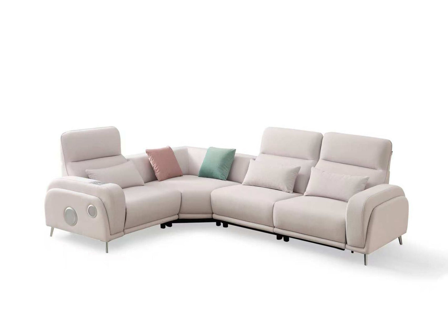 Modern Smart L-Shape Corner Sofa with Wireless Charging, Built-in Speakers, Voice Control, Recliner, and Smart Features.