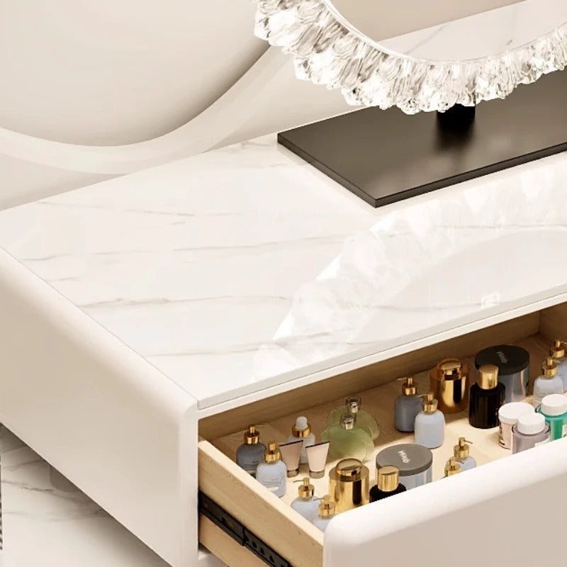 Sleek White Dressing Table Set with Stool and Mirror.