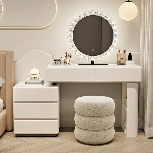 Sleek White Dressing Table Set with Stool and Mirror.