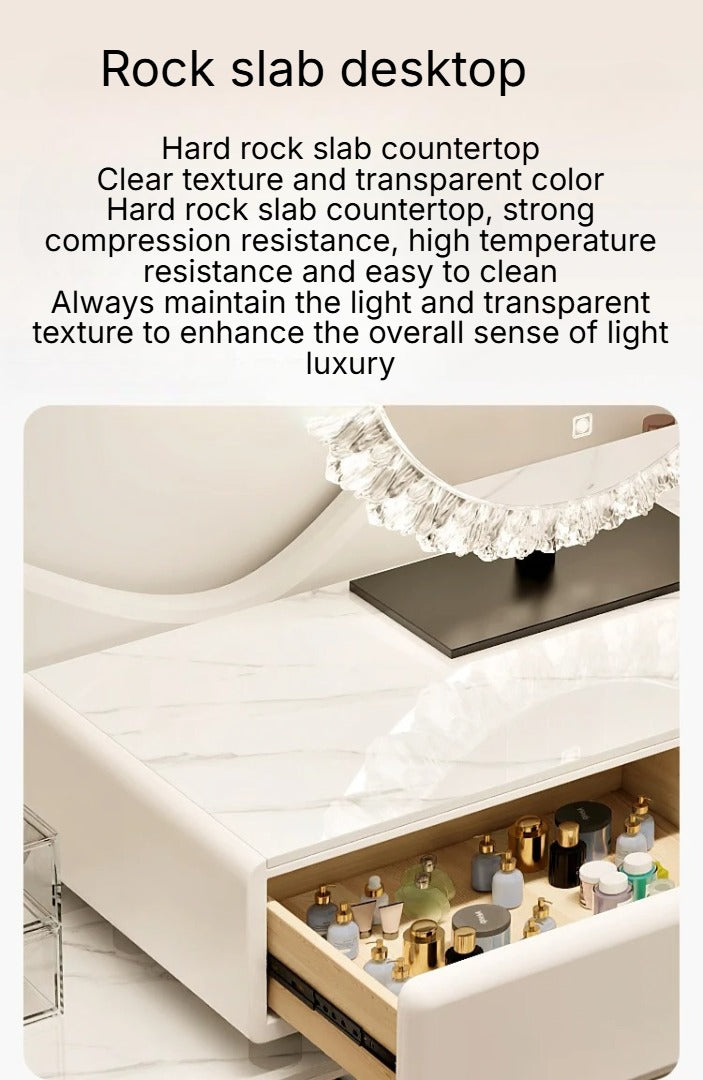Sleek White Dressing Table Set with Stool and Mirror.