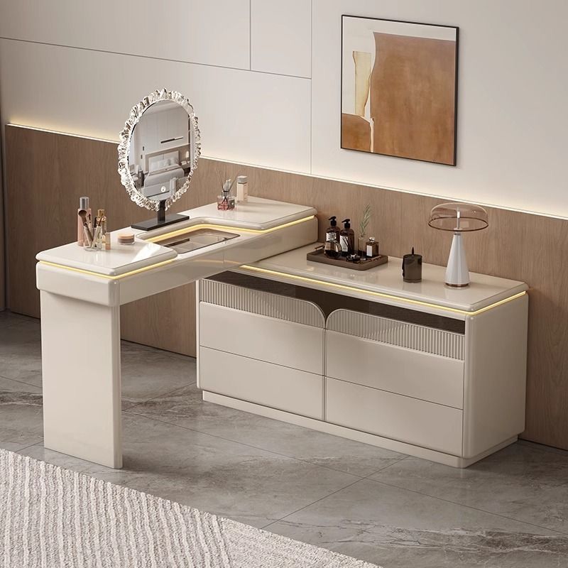 Premium Wooden Lighted Dressing Table, Glossy Off-White Finish.
