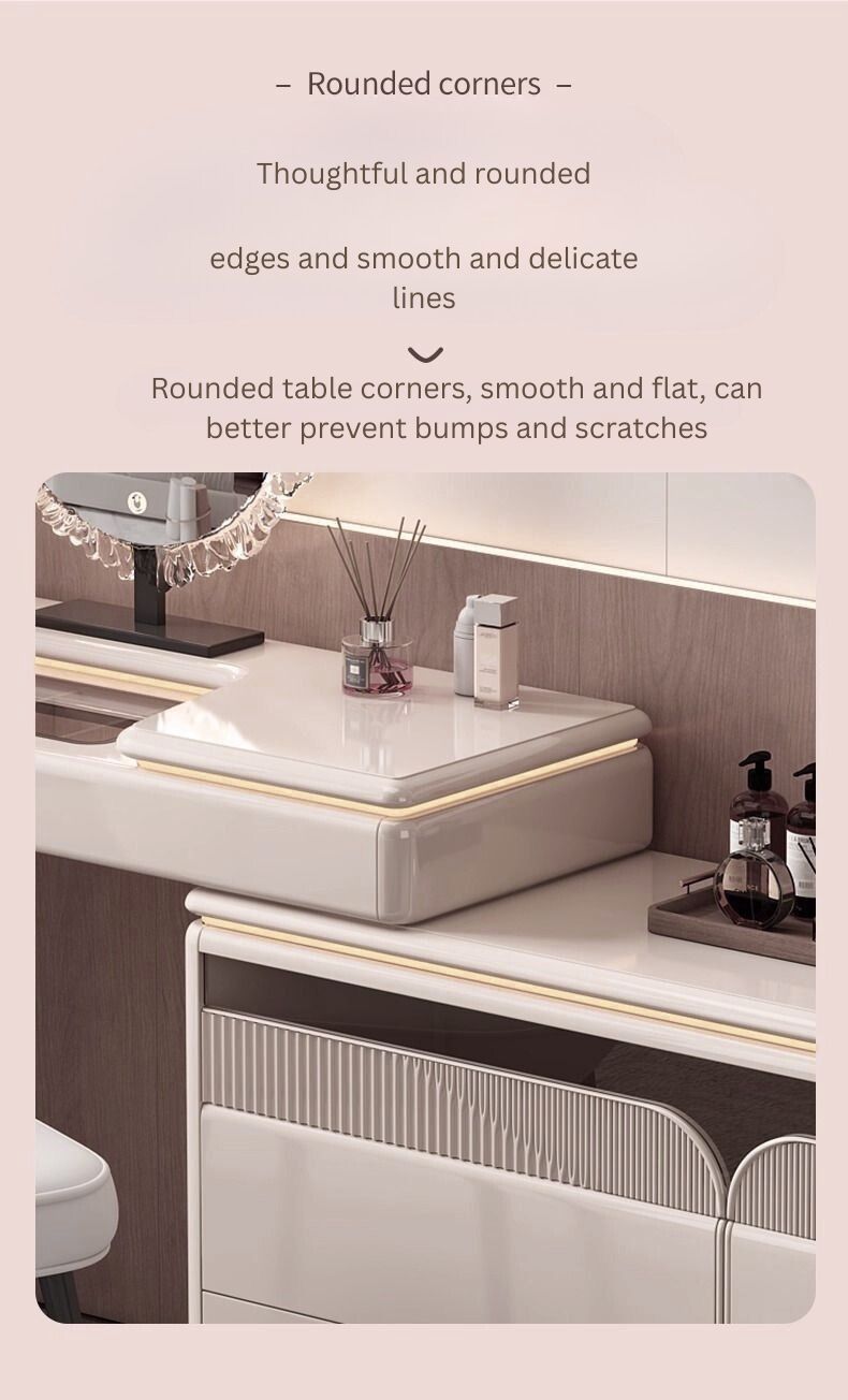 Premium Wooden Lighted Dressing Table, Glossy Off-White Finish.