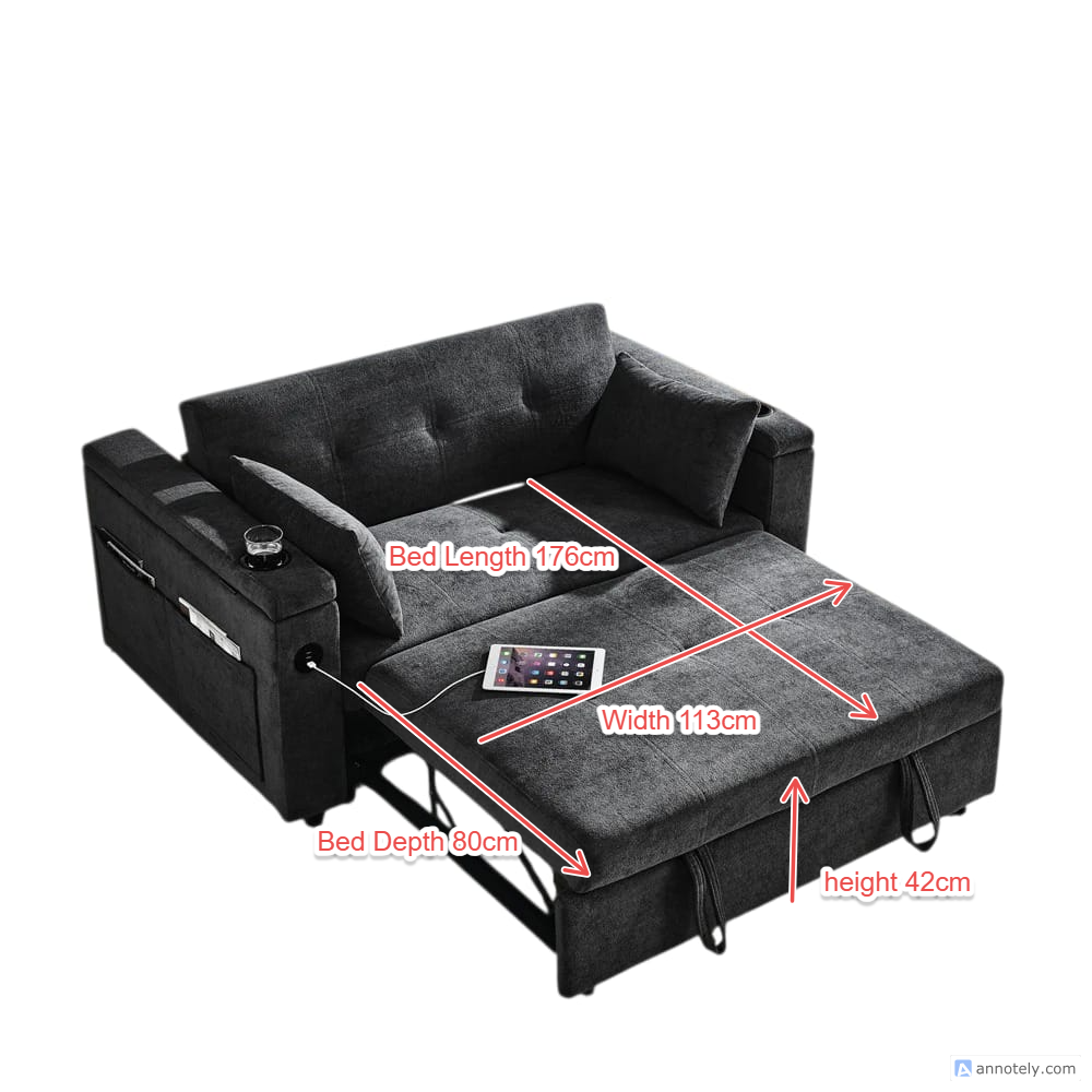 Double Seat Recliner Adjustable Backrest Sleeper Pull Out Sofa Bed With USB Ports.