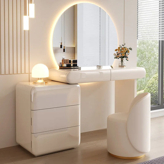 Modern LED Dressing Table Set with Round Mirror, Storage Drawers and Stool