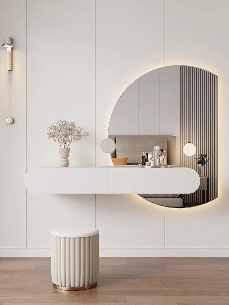 Minimalist Wall-Mounted Dressing Table with a Round Mirror and a Match AWD Store UAE Minimalist Wall-Mounted Dressing Table with a Round Mirror and a Match AWD Store UAE