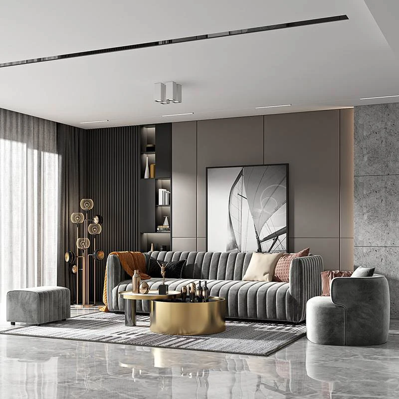 Elegant Gray Sofa with Single Chair and Ottoman Set.