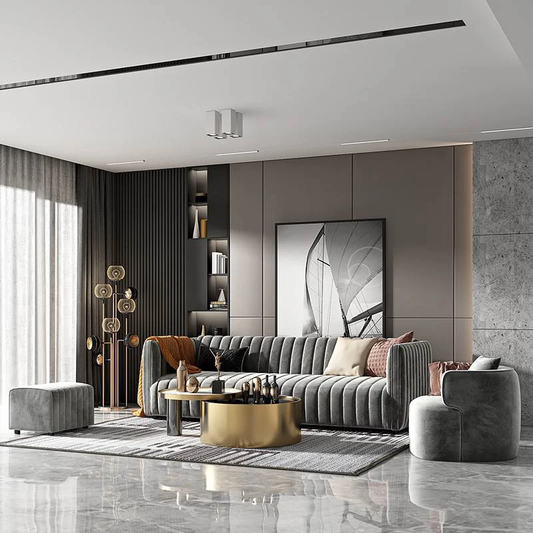 Elegant Gray Sofa with Single Chair and Ottoman Set.