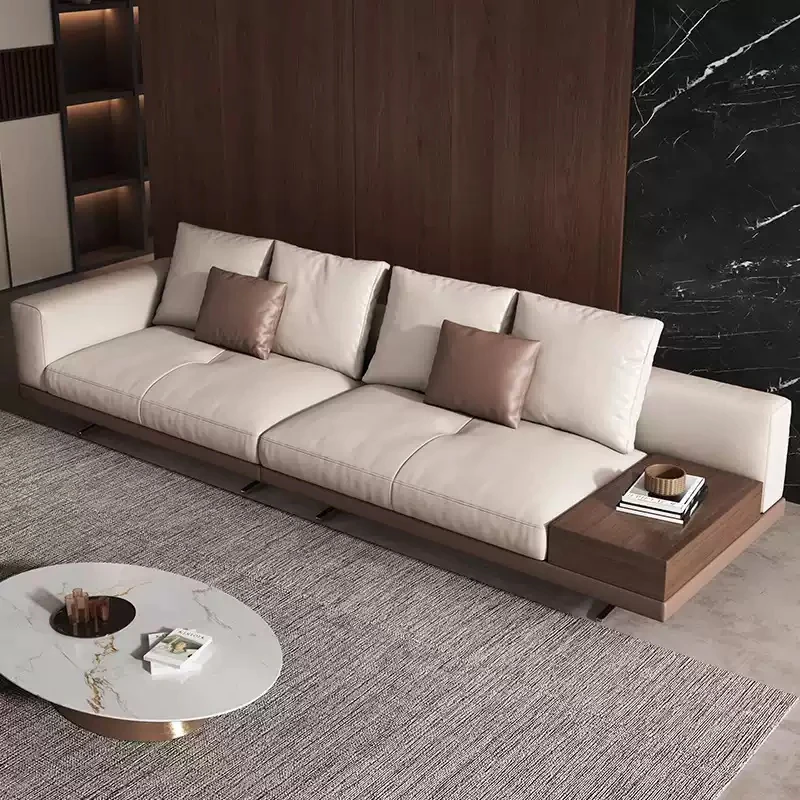 Modern Simple Sofa With One Sided Armrest, Upholstered in Leather.
