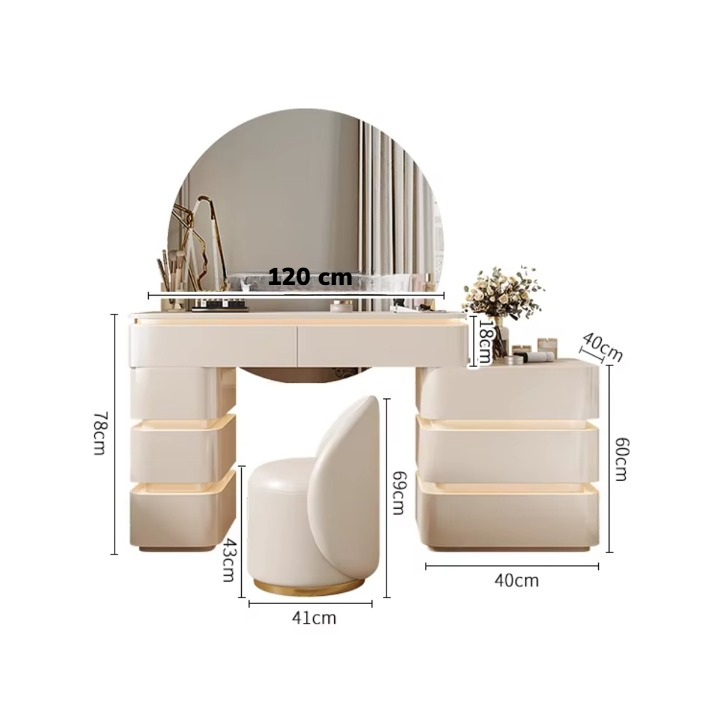 Modern Off-White Dressing Table Set with Round LED Mirror