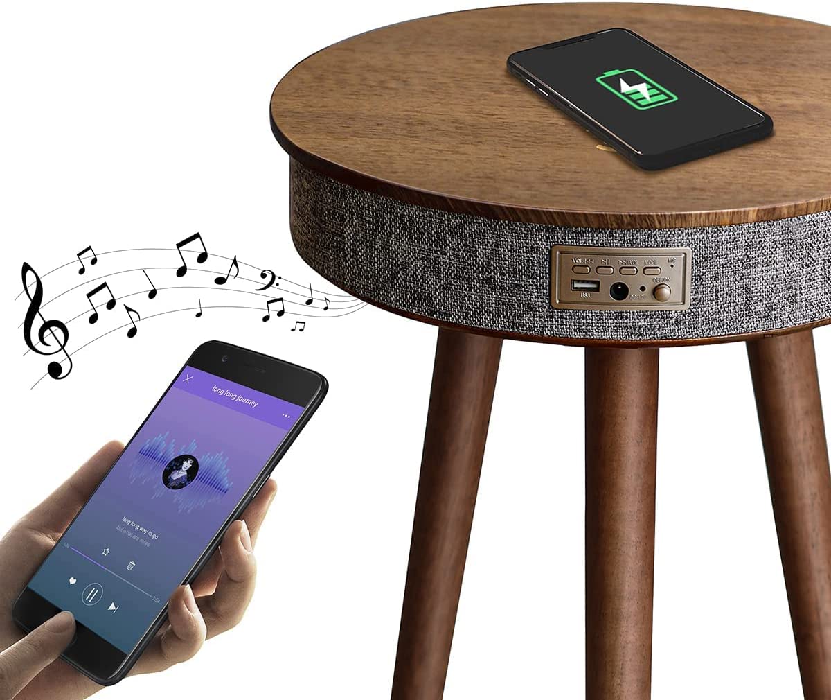 Modern Smart Table with Built in 360° Bluetooth Speaker & Wireless QI Charger.
