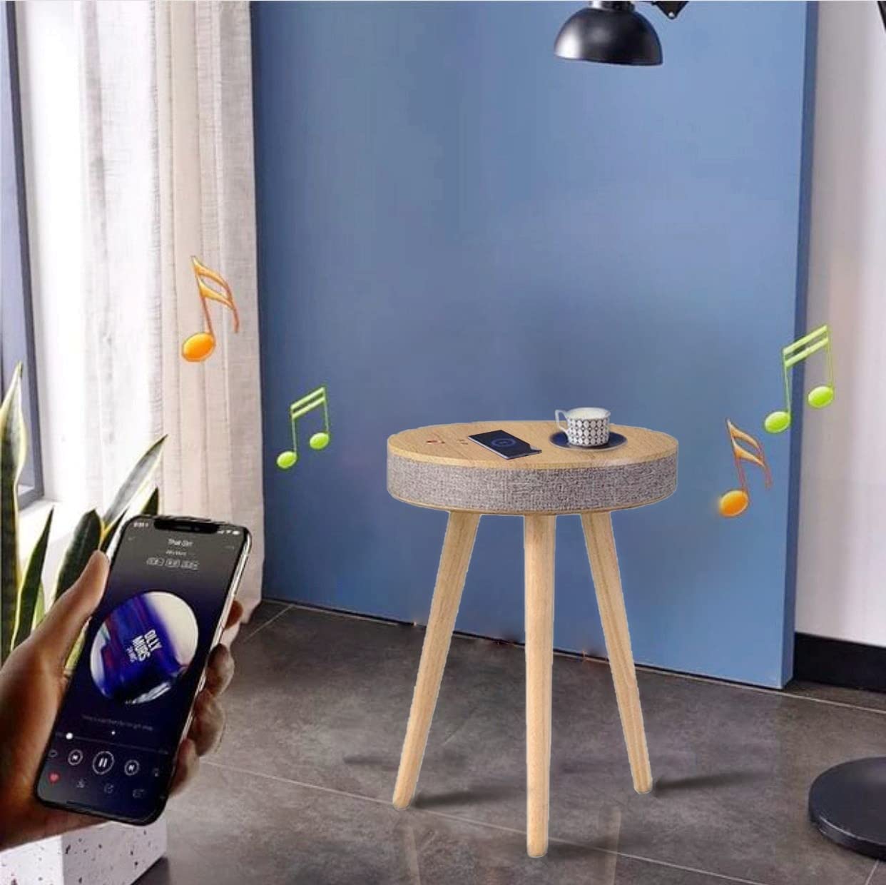 Modern Smart Table with Built in 360° Bluetooth Speaker & Wireless QI Charger.