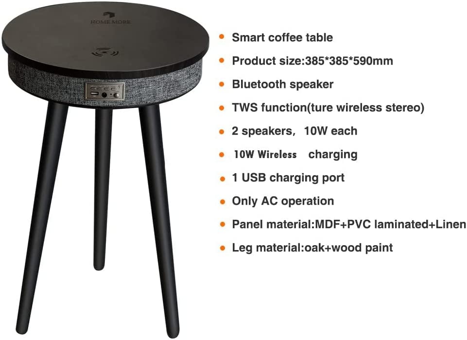 Modern Smart Table with Built in 360° Bluetooth Speaker & Wireless QI Charger.