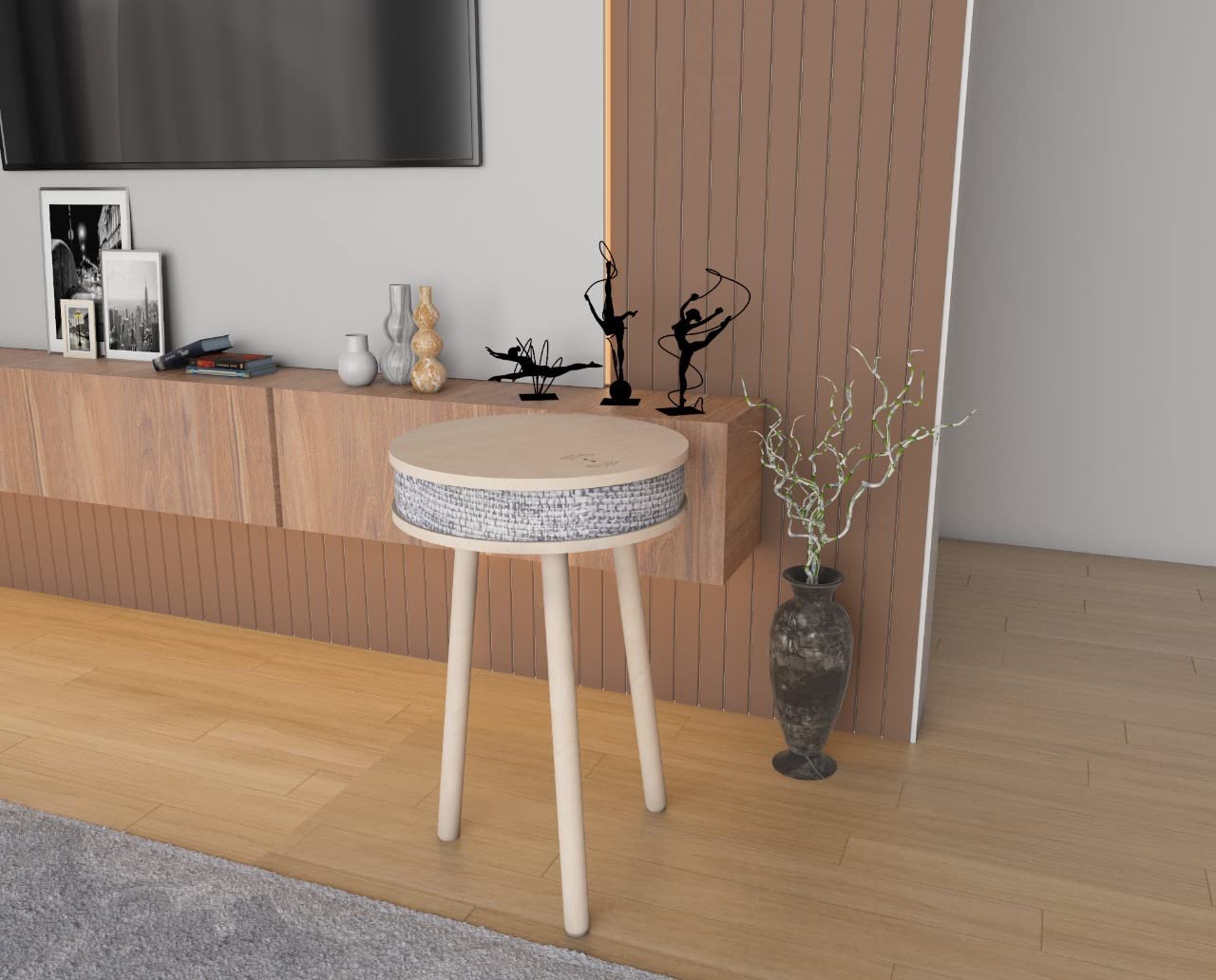 Modern Smart Table with Built in 360° Bluetooth Speaker & Wireless QI Charger.