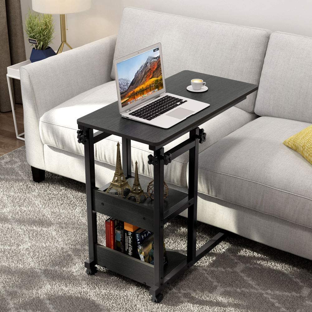 Snack Side Table, Laptop Rolling Cart C Shaped TV Tray with Storage Shelves, Slide Next to Sofa or Bed.