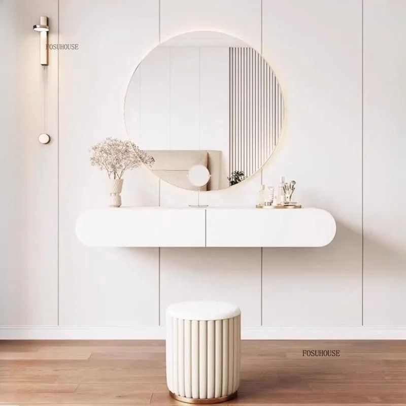 Minimalist Floating Dressing Table with Mirror and Stool.
