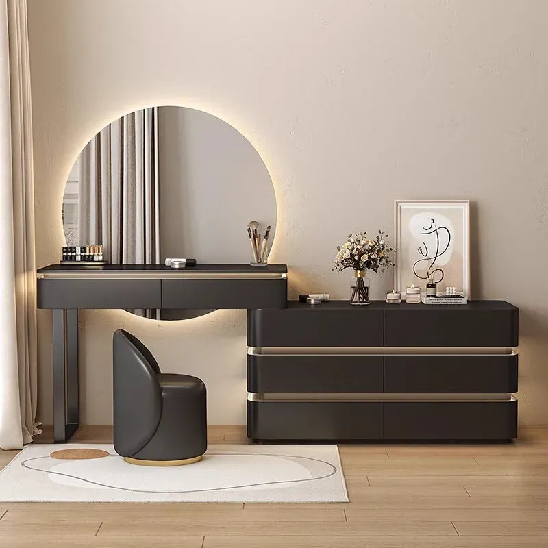 Modern Dressing Table with Round LED Mirror, Drawers & Stool.