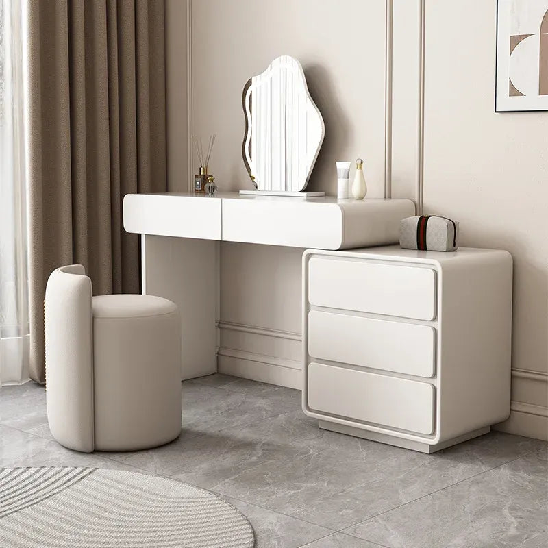 Sleek White Dressing Table with Mirror & Stool.