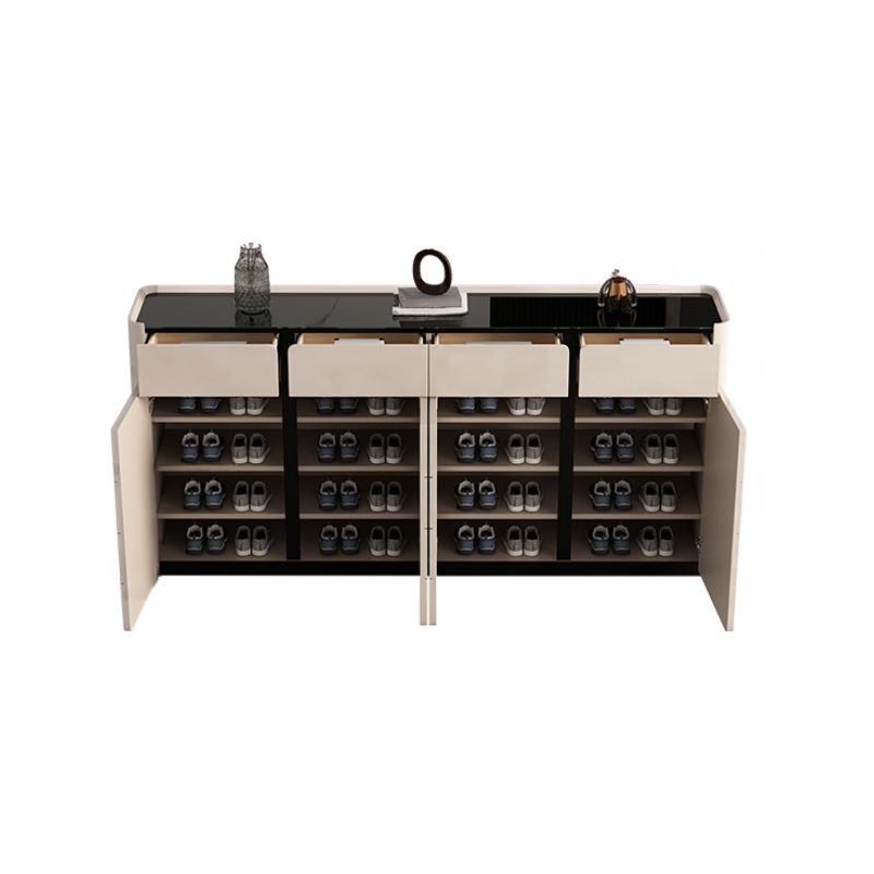 Shoe Storage Cabinet, White Wooden Shoe Rack with Tempered Glass Top.