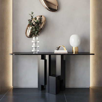 Black Stone Top Rectangular Console Table with Abstract Metal Base.