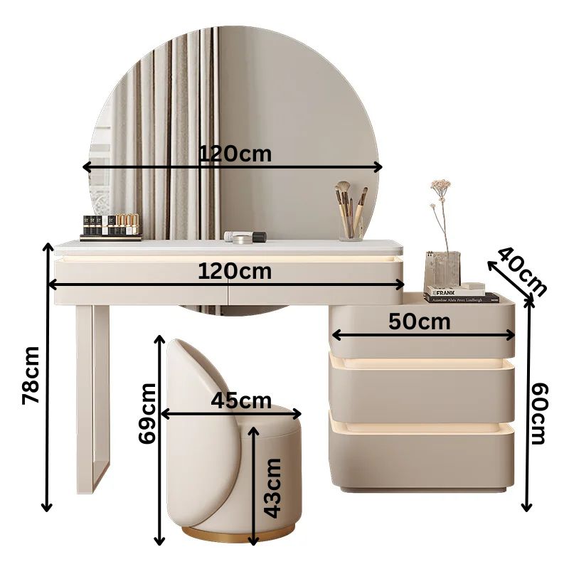 Modern Lighted Dressing Table with Mirror and Stool.
