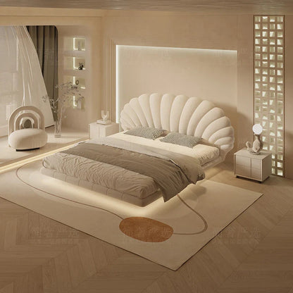 Floating Lighted Bed with Headboard in Seashell Style.