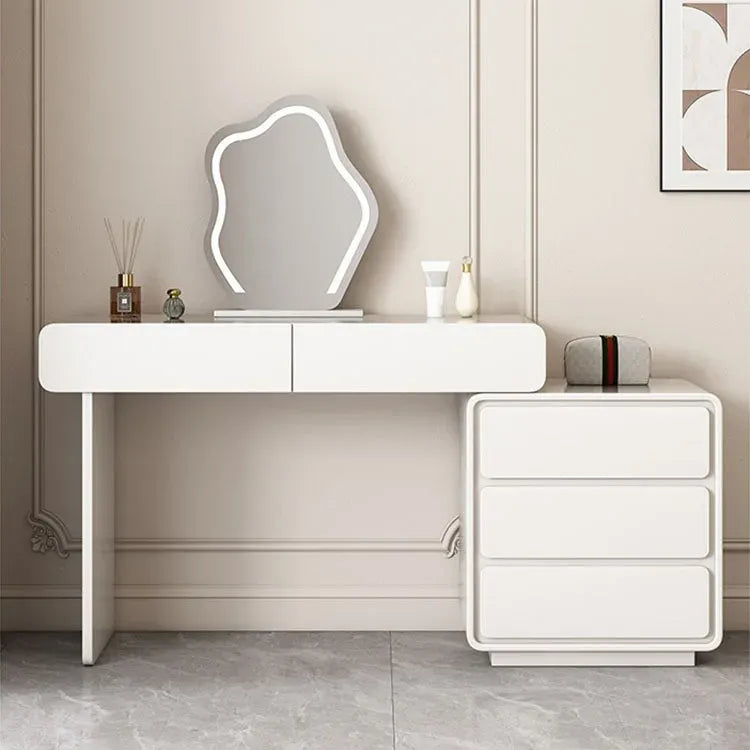 Sleek White Dressing Table with Mirror & Stool.