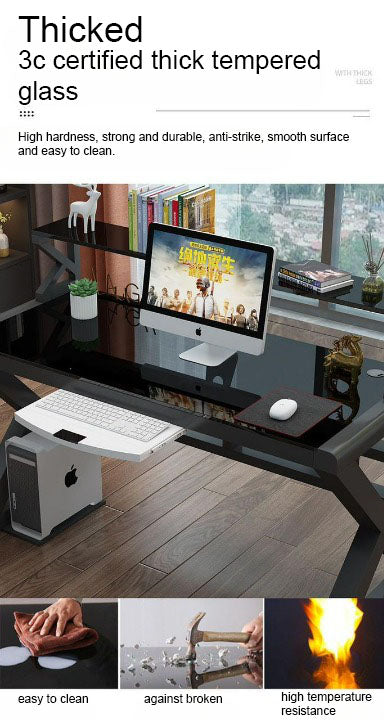 Computer Desk, Tempered Glass Tabletop, Gaming Desk with Shelf, for Home or Office.