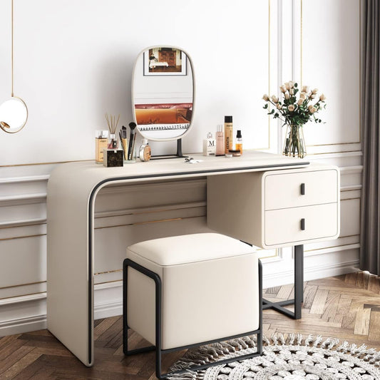 White Vanity Table Twined from Left Side with Two Storage Drawers, Mirror and Stool.