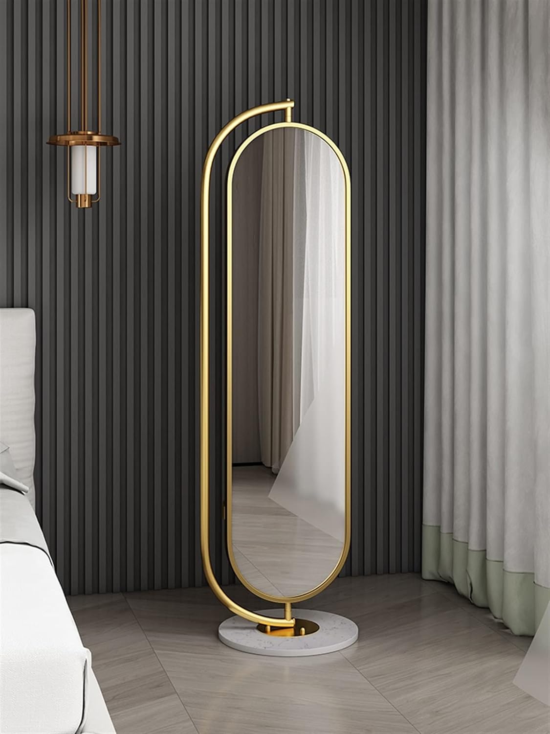 Full Length Oval Rotatable Mirror with Coat Hanger. Metal Gold Framed Free Standing