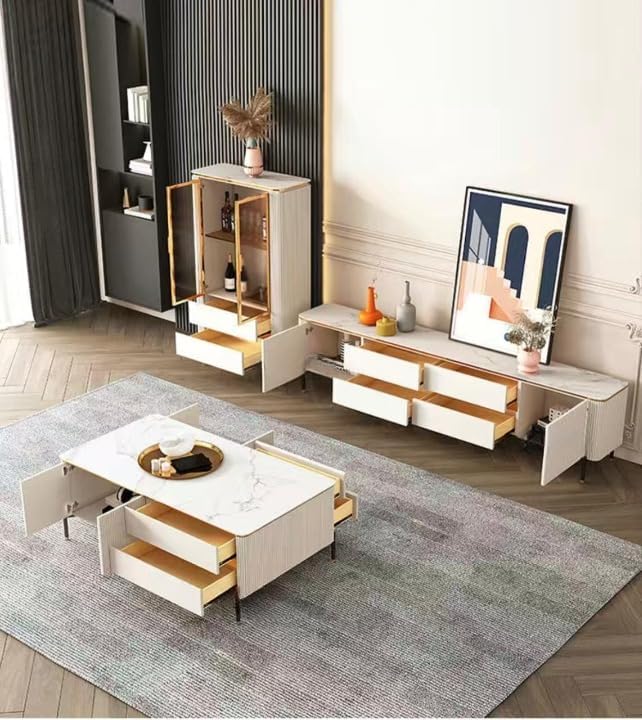 Elegant Living Room Table Set Coffee Table, Tv Table and Sideboard in Slate Marble Top.