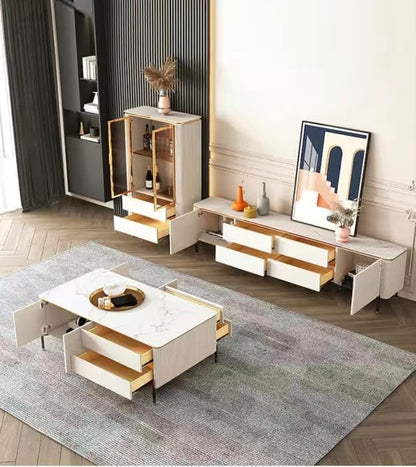 Elegant Living Room Table Set Coffee Table, Tv Table and Sideboard in Slate Marble Top.